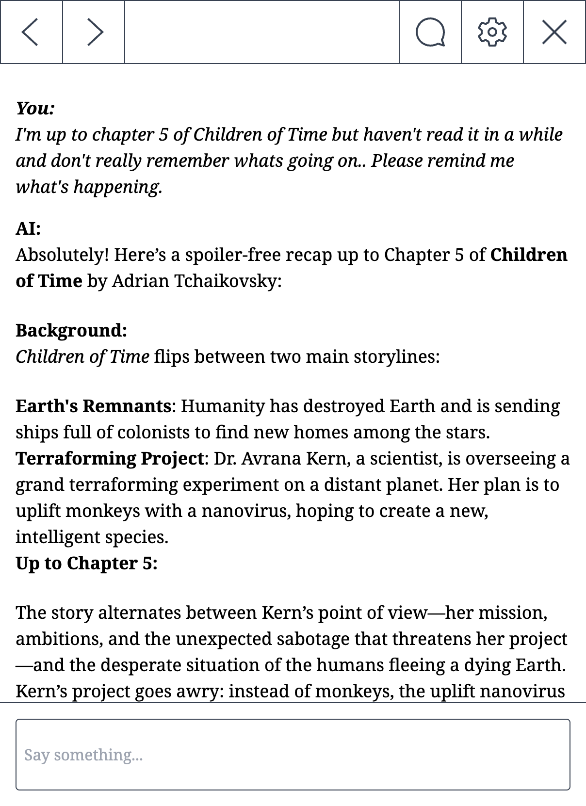 companion.ink chat interface on a Kindle, showing a conversation about Children of Time with page-based navigation