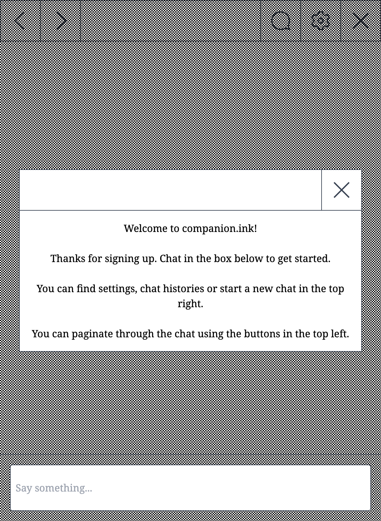 companion.ink welcome screen on a Kindle e-reader showing the chat interface